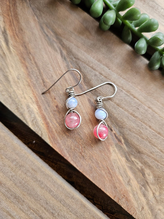 Blue Lace Agate, Rhodonite and Silver Earrings