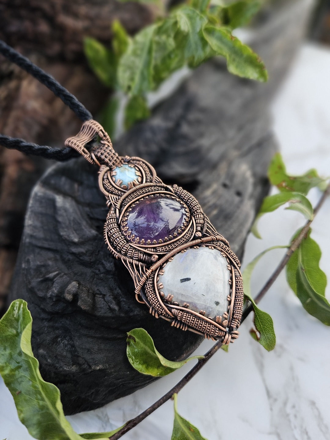 Moonstone, Amethyst, Larimar and Copper Necklace