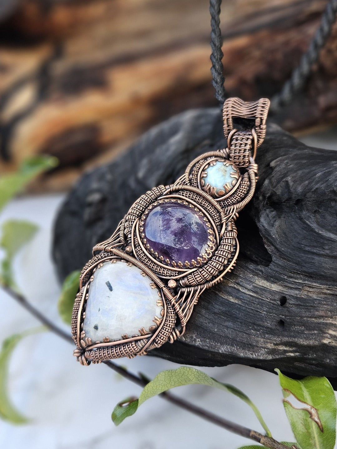 Moonstone, Amethyst, Larimar and Copper Necklace