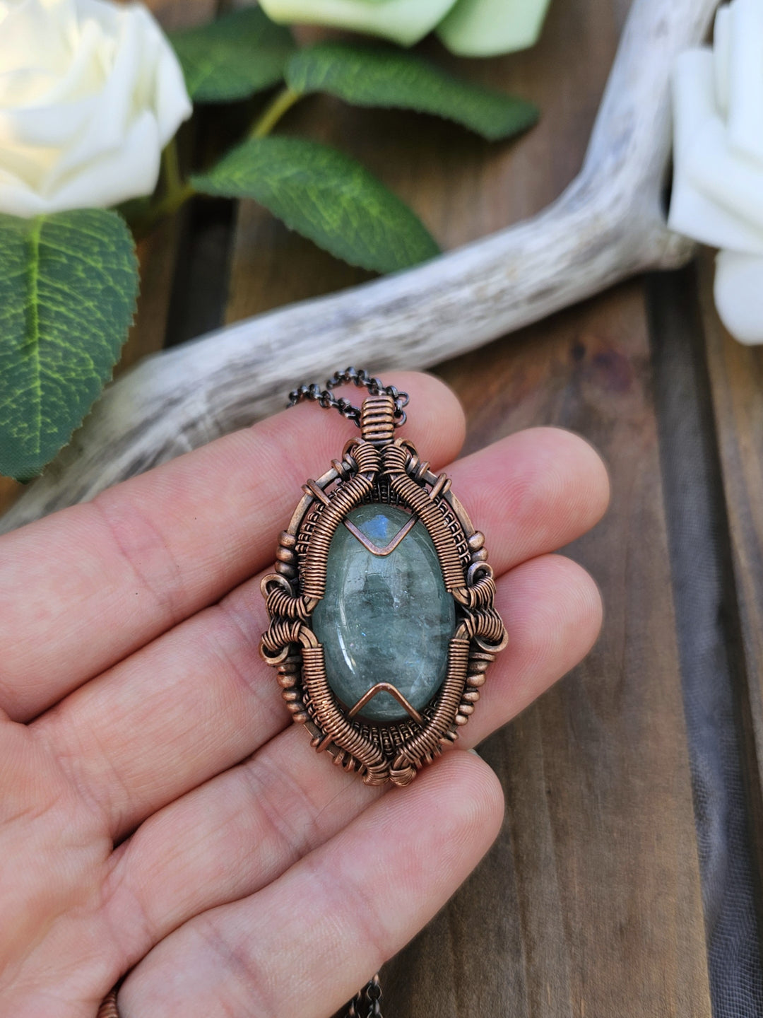 Aquamarine and Copper Shield Necklace