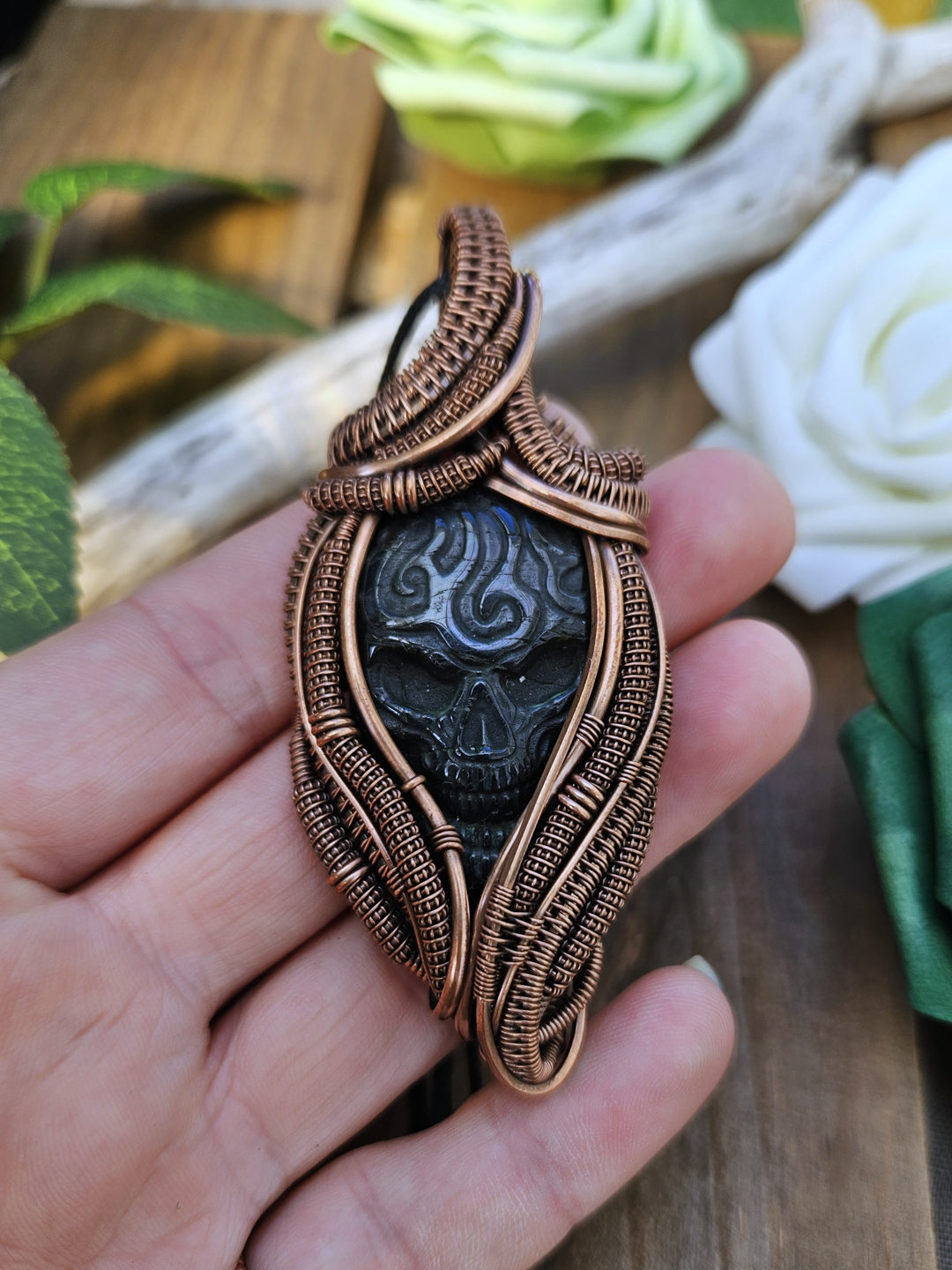 Labradorite and Copper Skull Necklace
