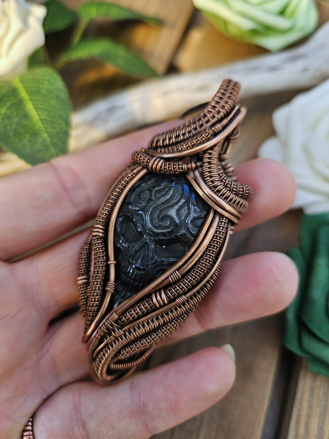 Labradorite and Copper Skull Necklace