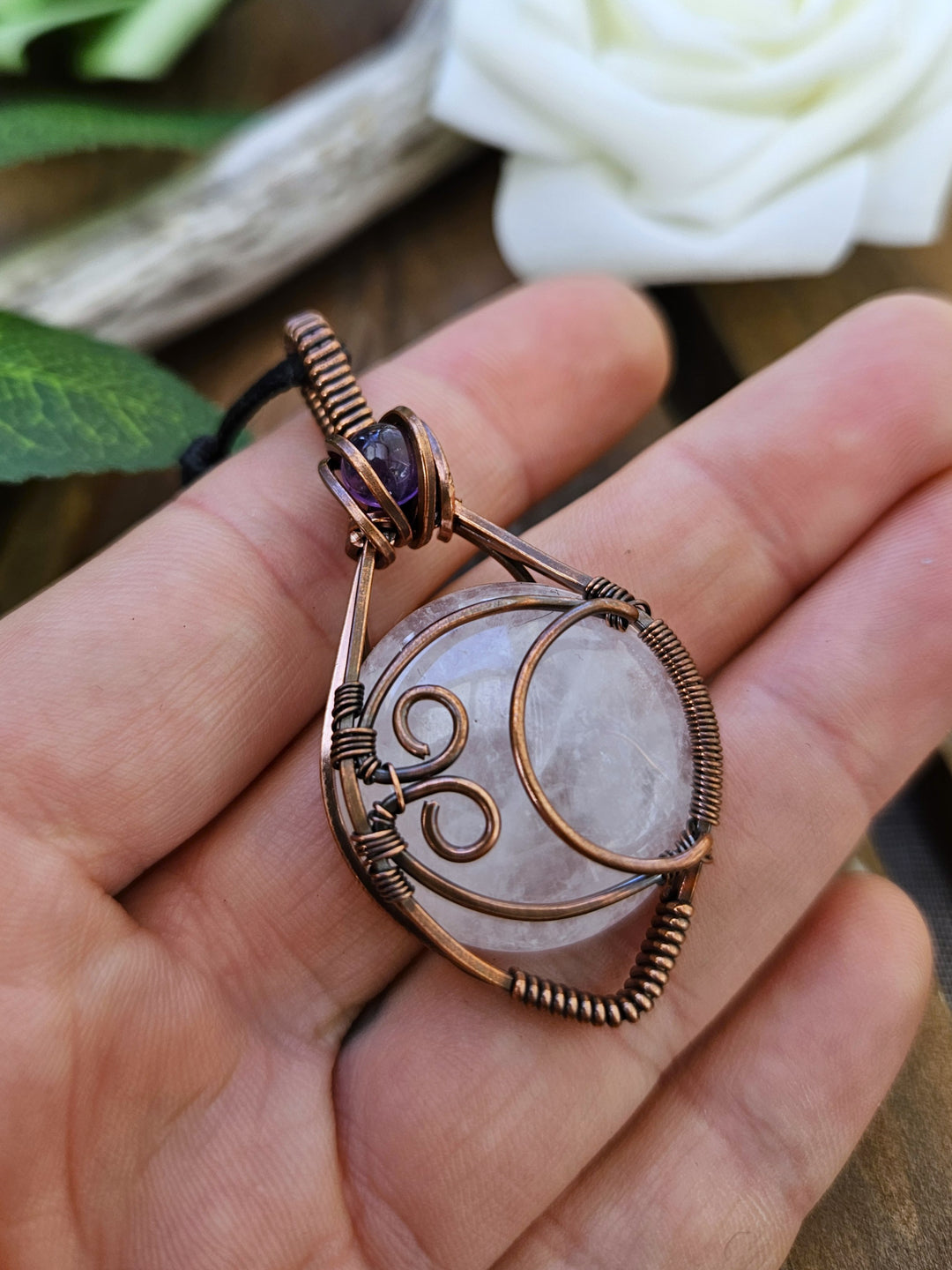 Quartz, Amethyst and Copper Moon Necklace