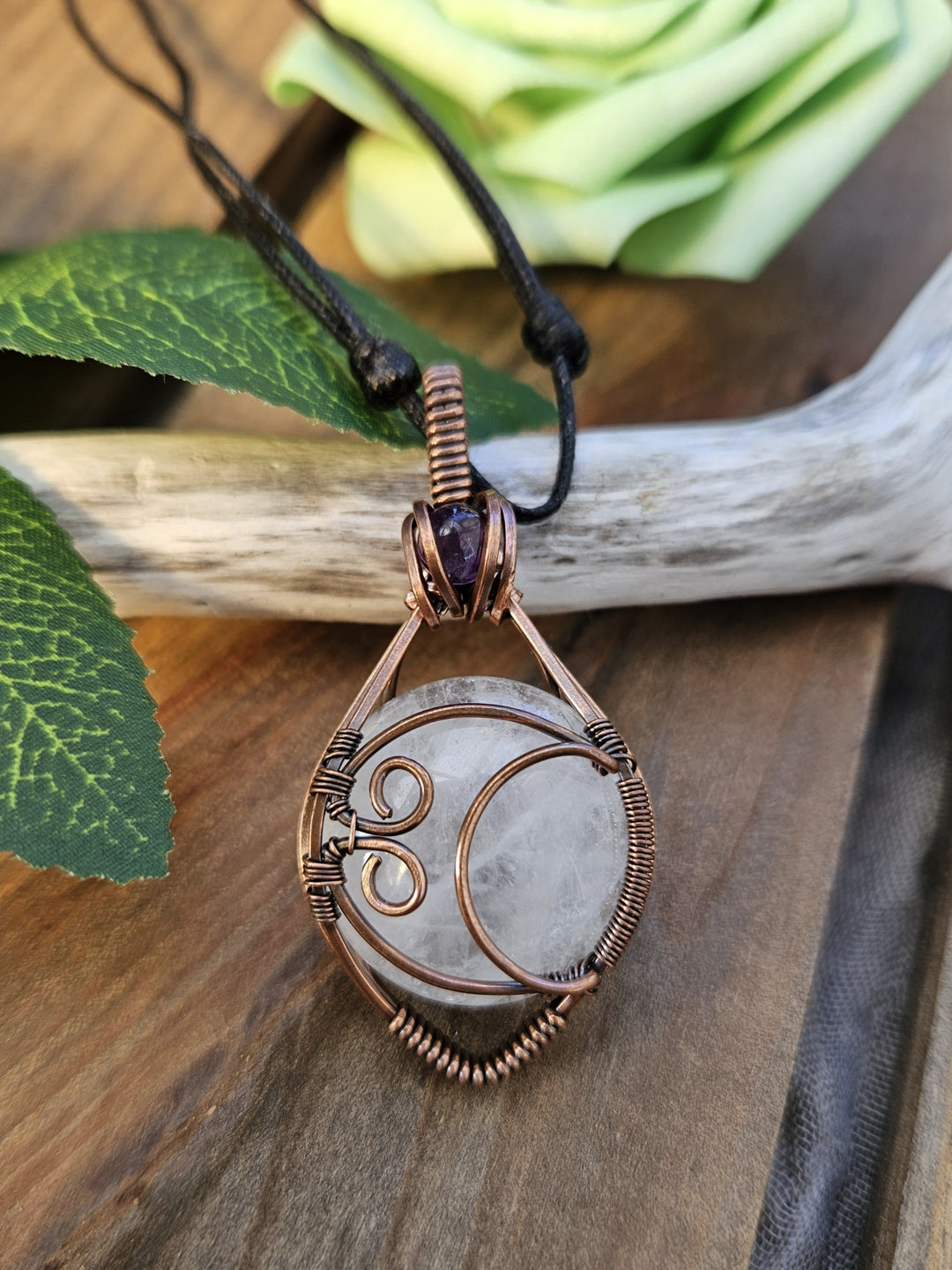 Quartz, Amethyst and Copper Moon Necklace