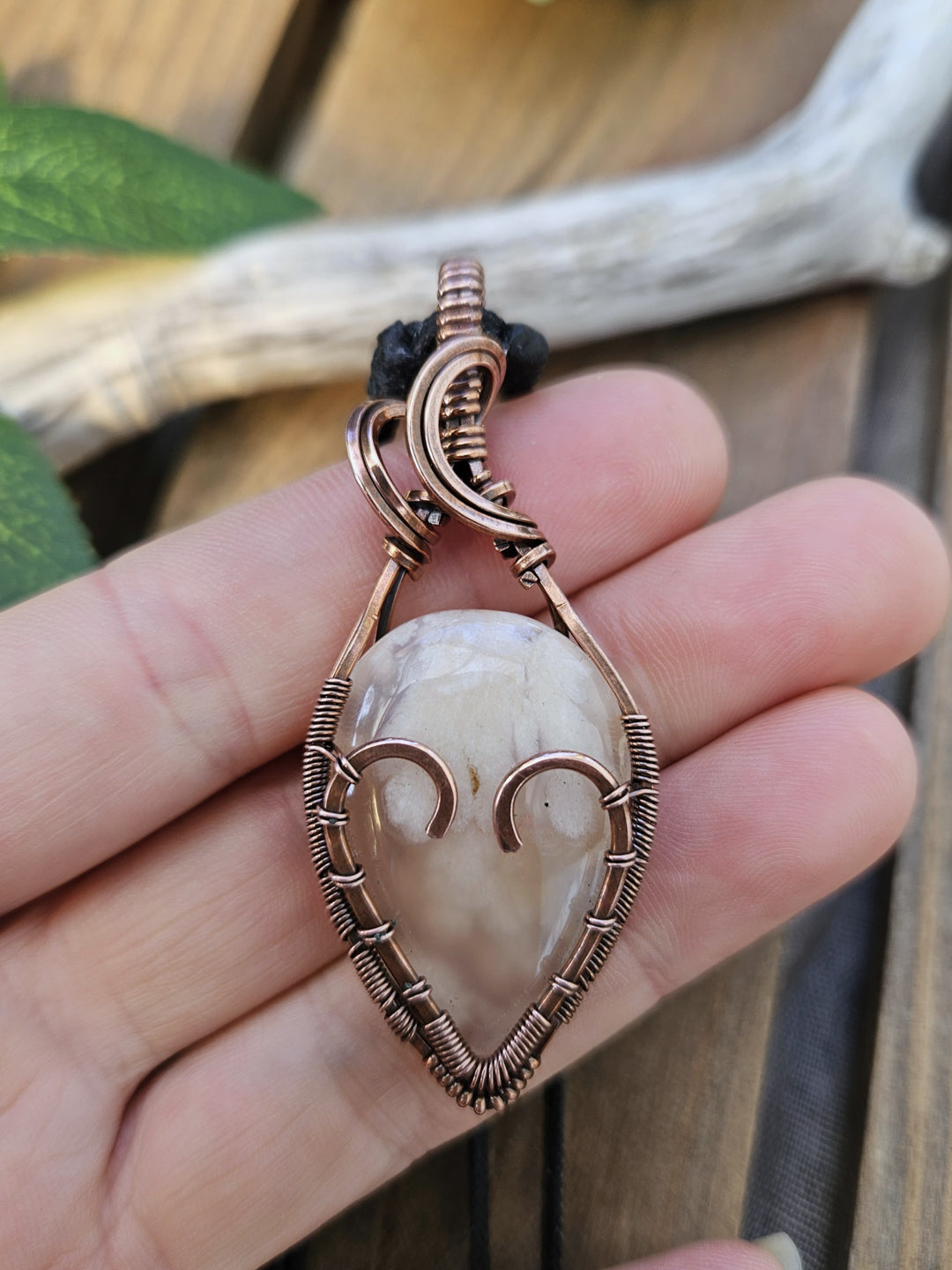 Flower Agate and Copper Heart Necklace