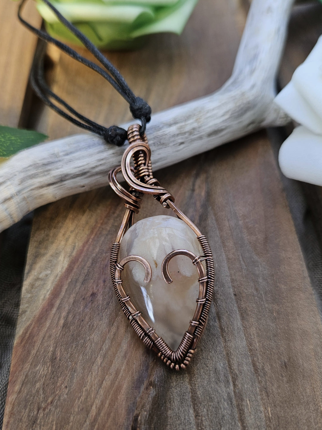 Flower Agate and Copper Heart Necklace
