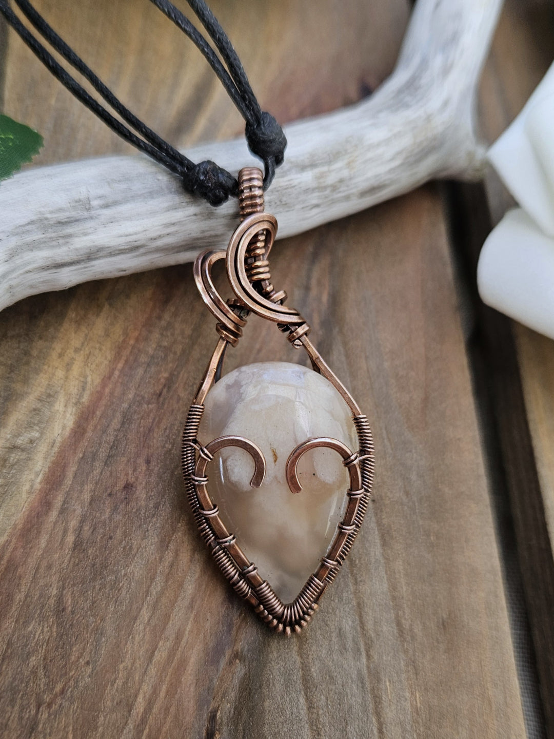 Flower Agate and Copper Heart Necklace