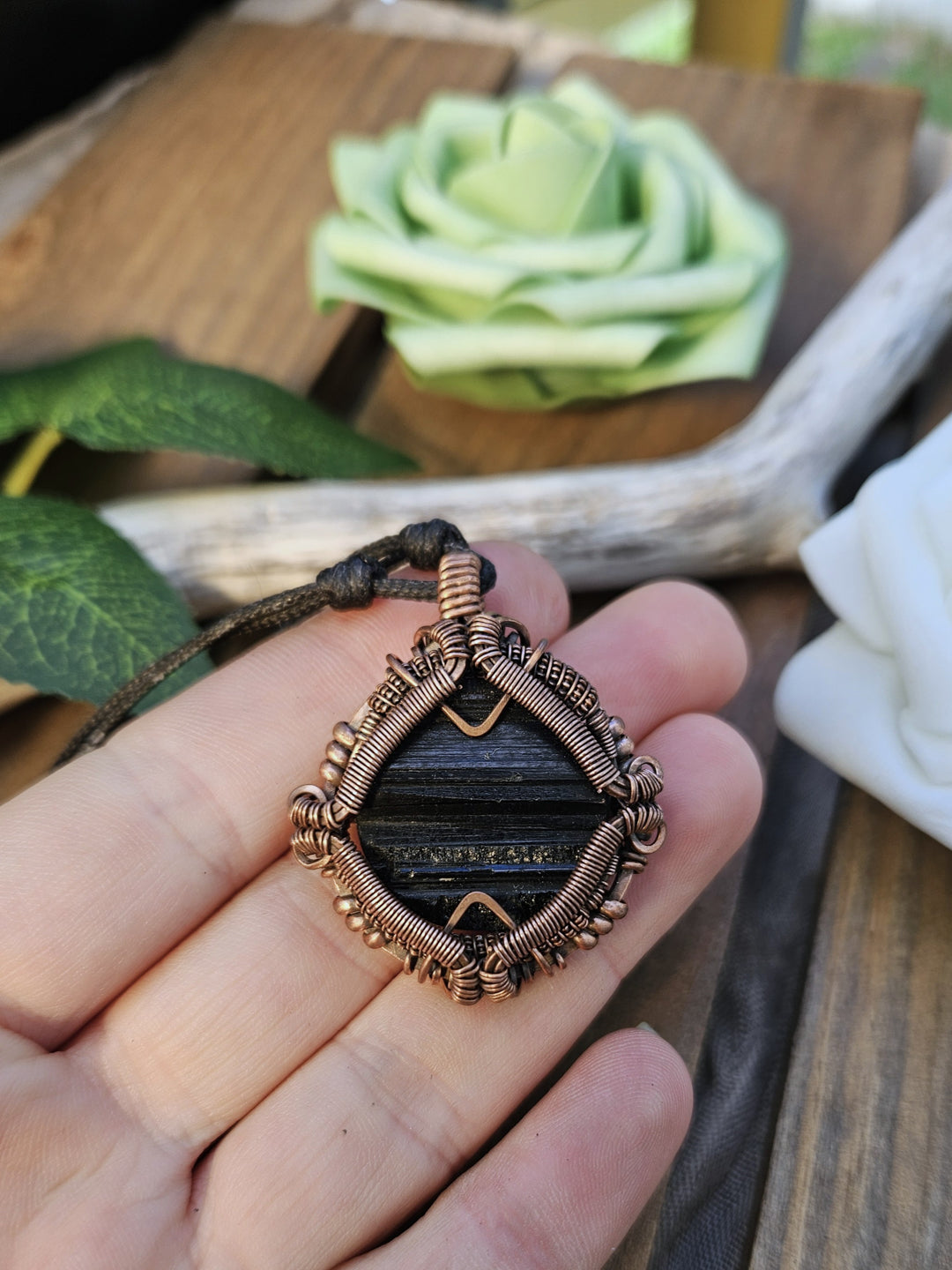 Black Tourmaline and Copper Shield Necklace