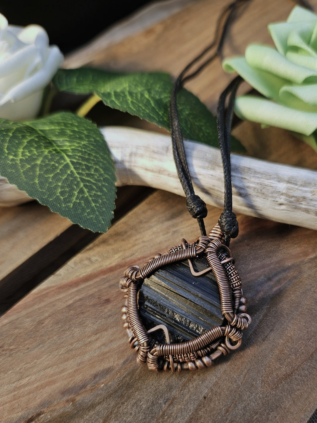 Black Tourmaline and Copper Shield Necklace