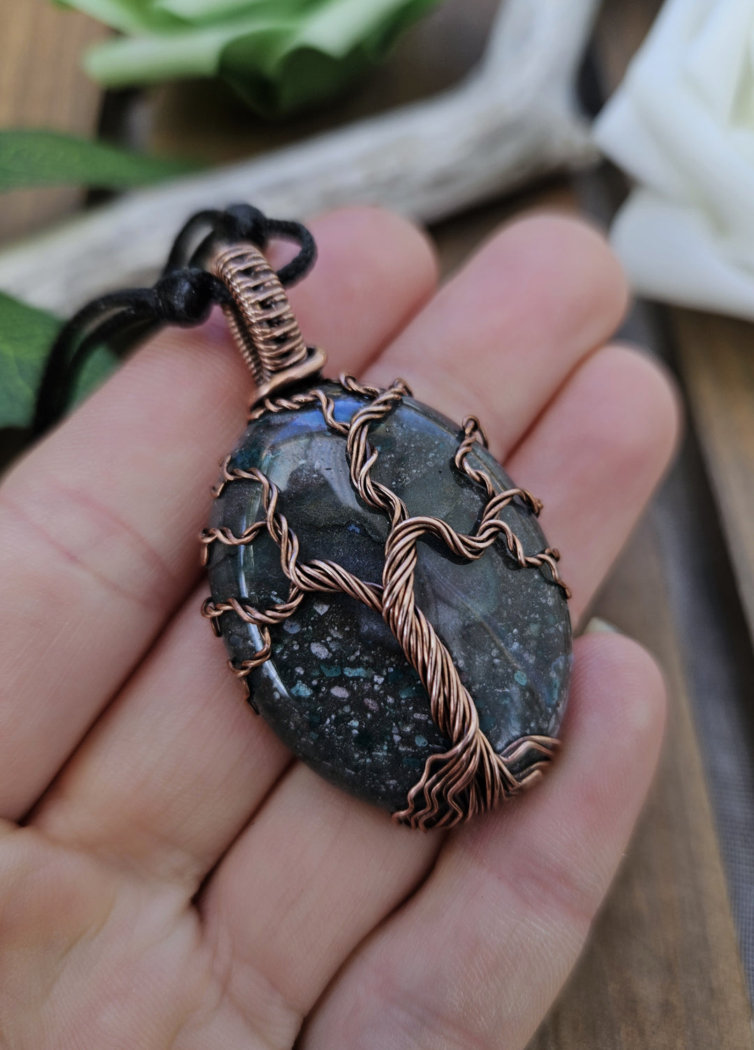Indian Agate and Copper Tree of Life Necklace