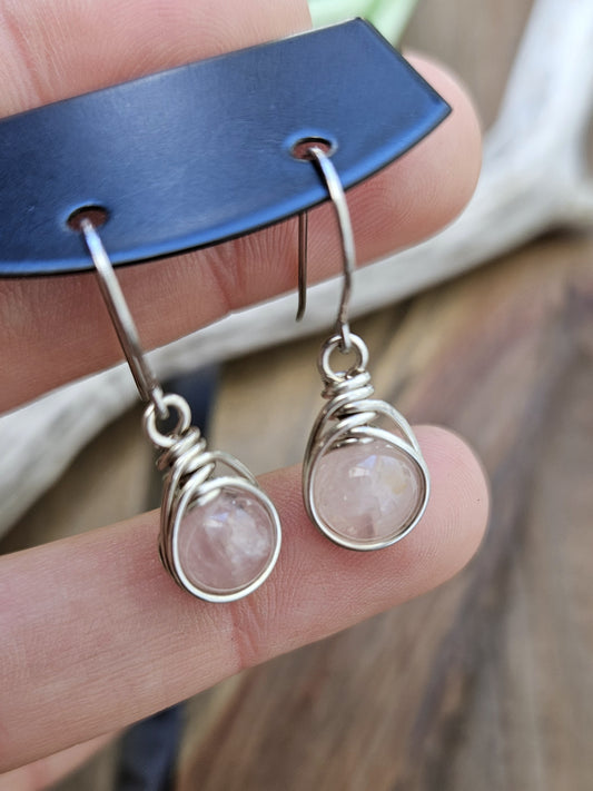 Silver 'Dew Drop' Earrings - Rose Quartz