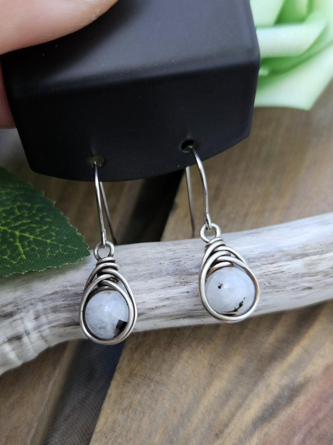 Silver 'Dew Drop' Earrings - Moonstone/Tourmaline
