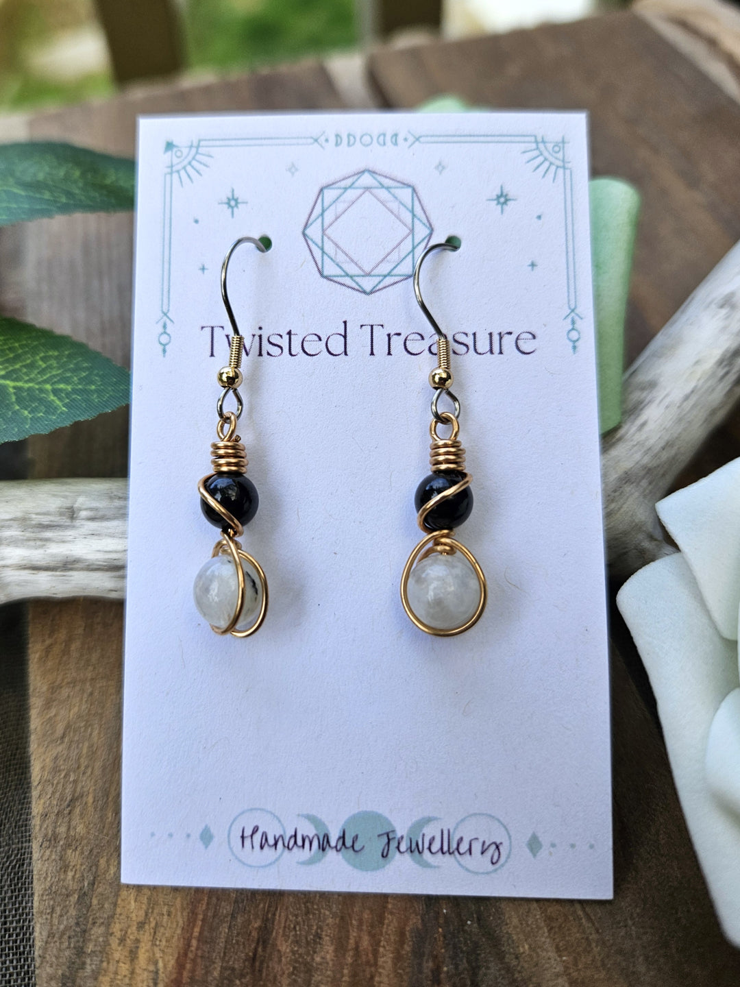 Bronze 'Alchemy' Earrings - Black Tourmaline & Moonstone