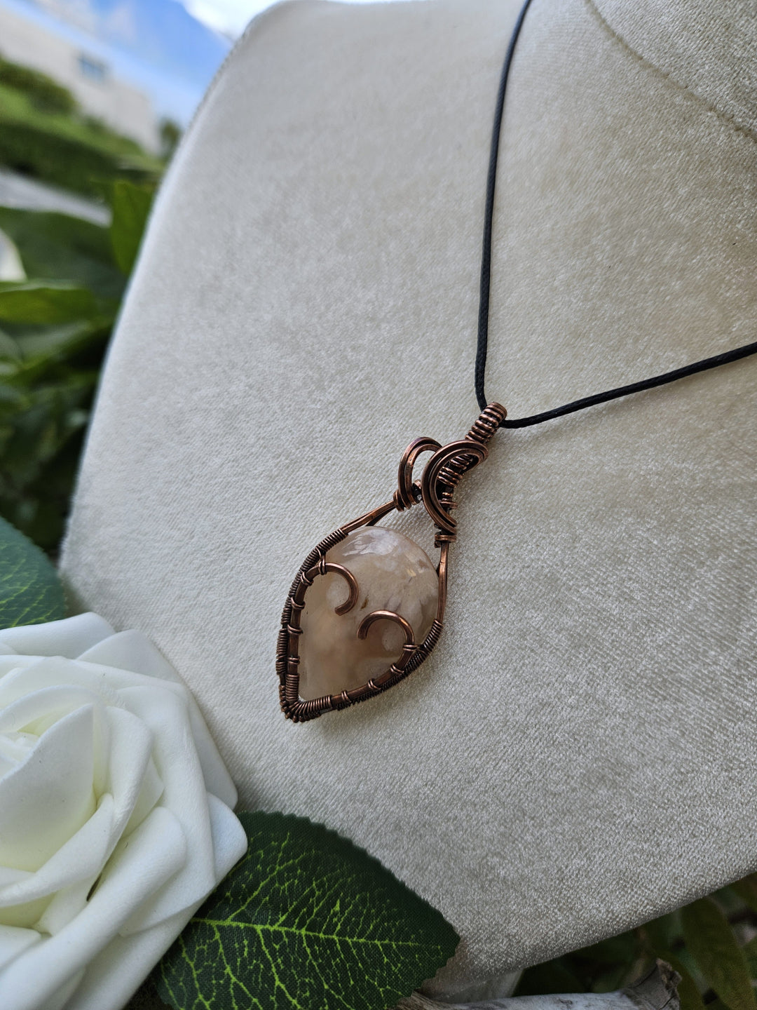 Flower Agate and Copper Heart Necklace