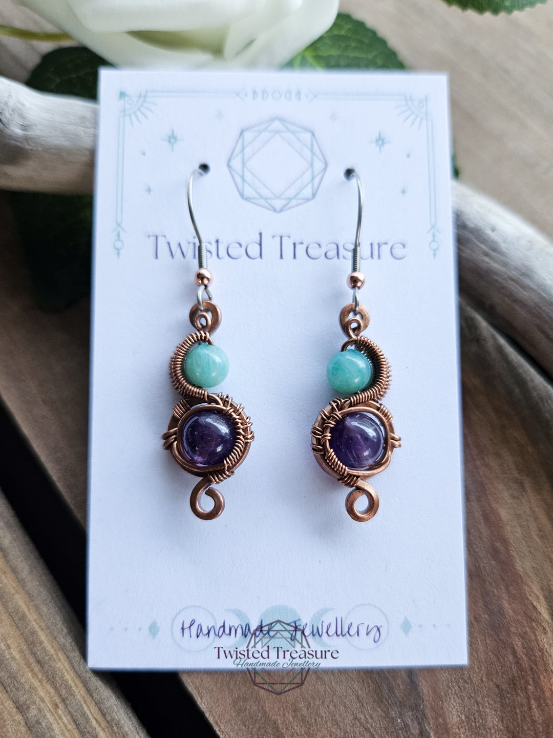 Copper 'Vortex' earrings - Amazonite & Amethyst