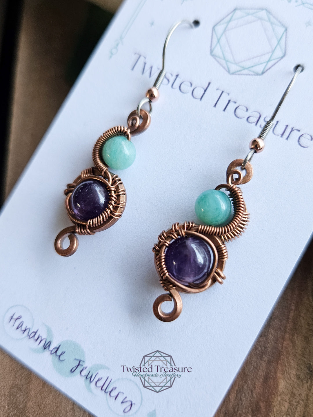 Copper 'Vortex' earrings - Amazonite & Amethyst