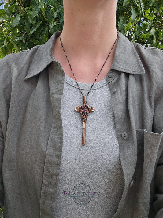 Purple Cubic Zirconia & Copper Sword Necklace