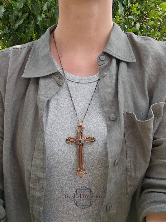 Aqua Cubic Zirconia & Copper Cross Necklace