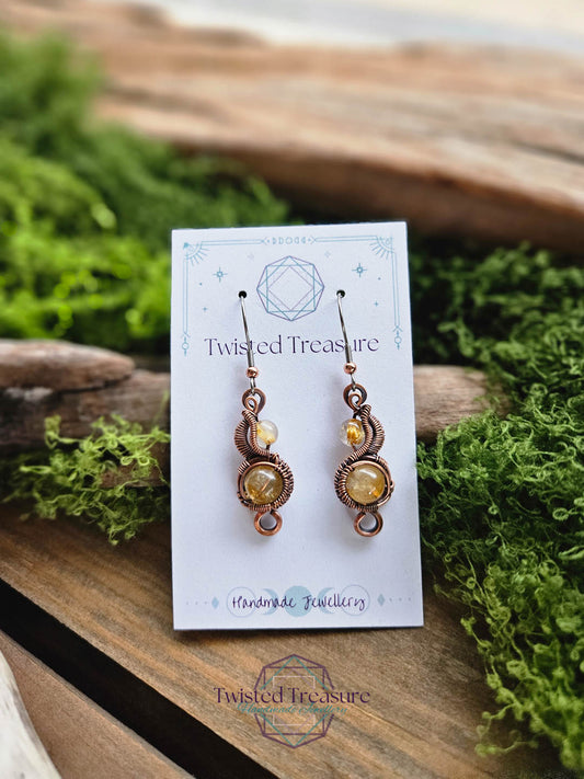 Copper Phase Earrings - Rutile Quartz & Citrine