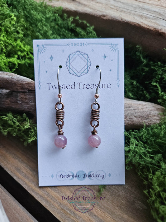 Copper Curlicue Earrings - Rose Quartz