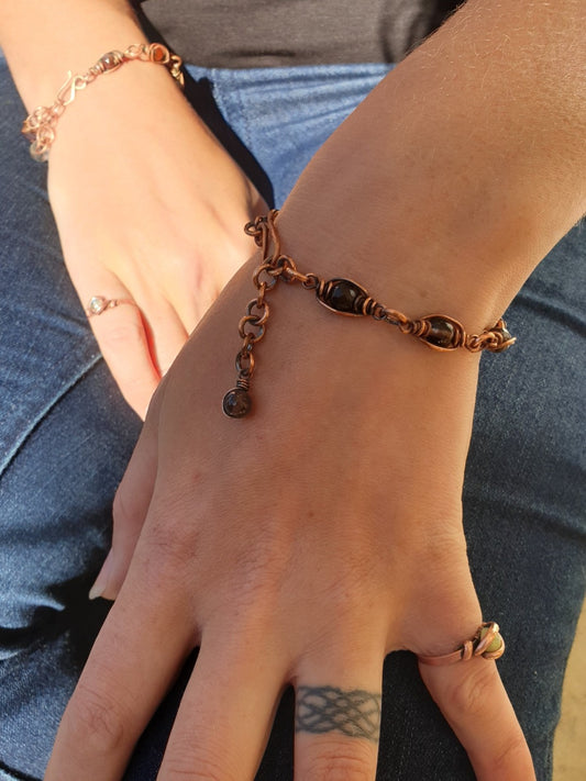 Smoky Quartz and Copper Herringbone Bracelet - best fit for 14-19.5cm Wrists