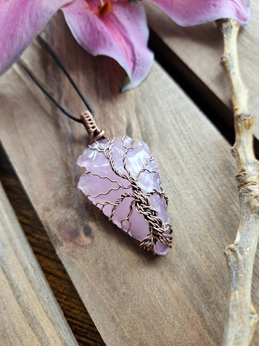 Rose Quartz and Copper Tree of Life Necklace