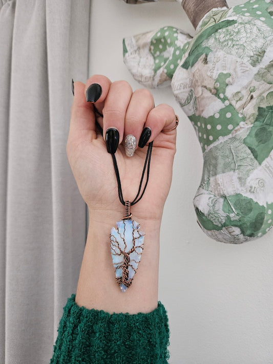 Opalite and Copper Wire Wrapped Tree Of Life Necklace