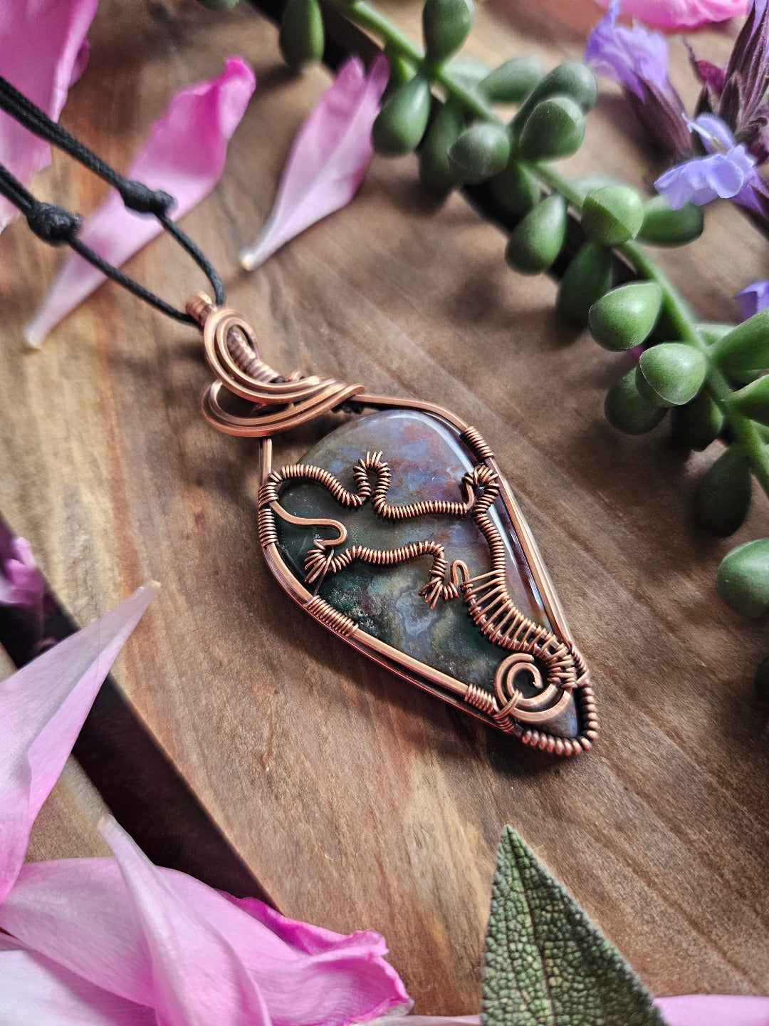 Purple Moss Agate and Copper Gecko Necklace