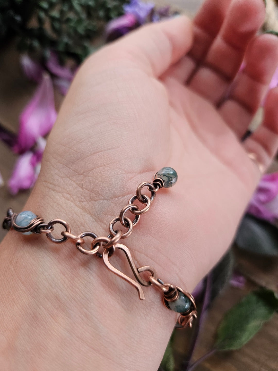 Moss Agate and Copper Bracelet - 14-19.5cm Wrists