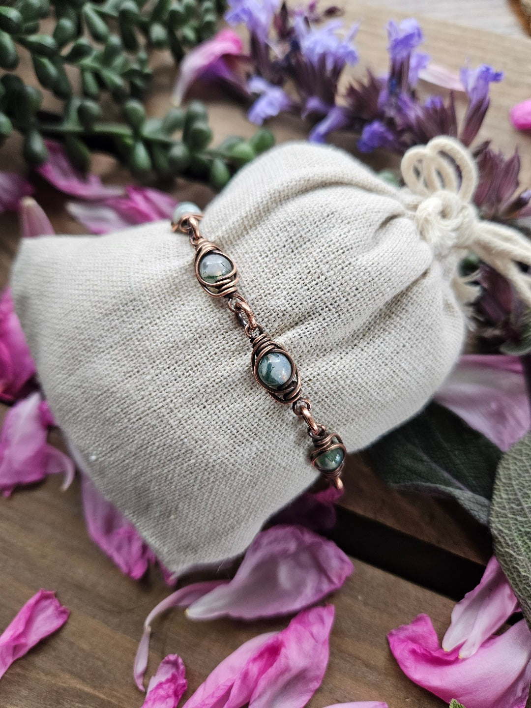 Moss Agate and Copper Bracelet - 14-19.5cm Wrists