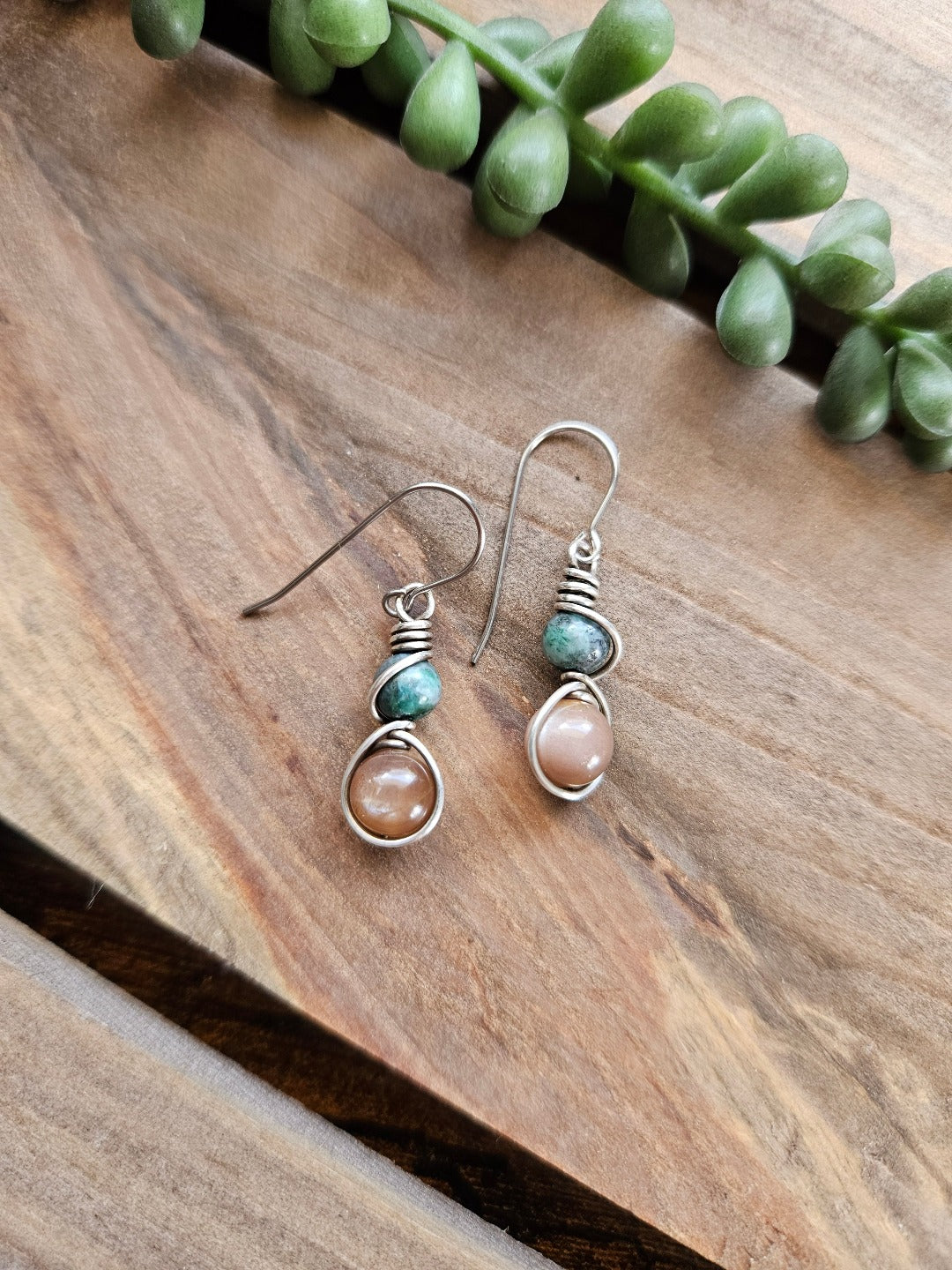 Green Pyrite, Sunstone and Silver Earrings