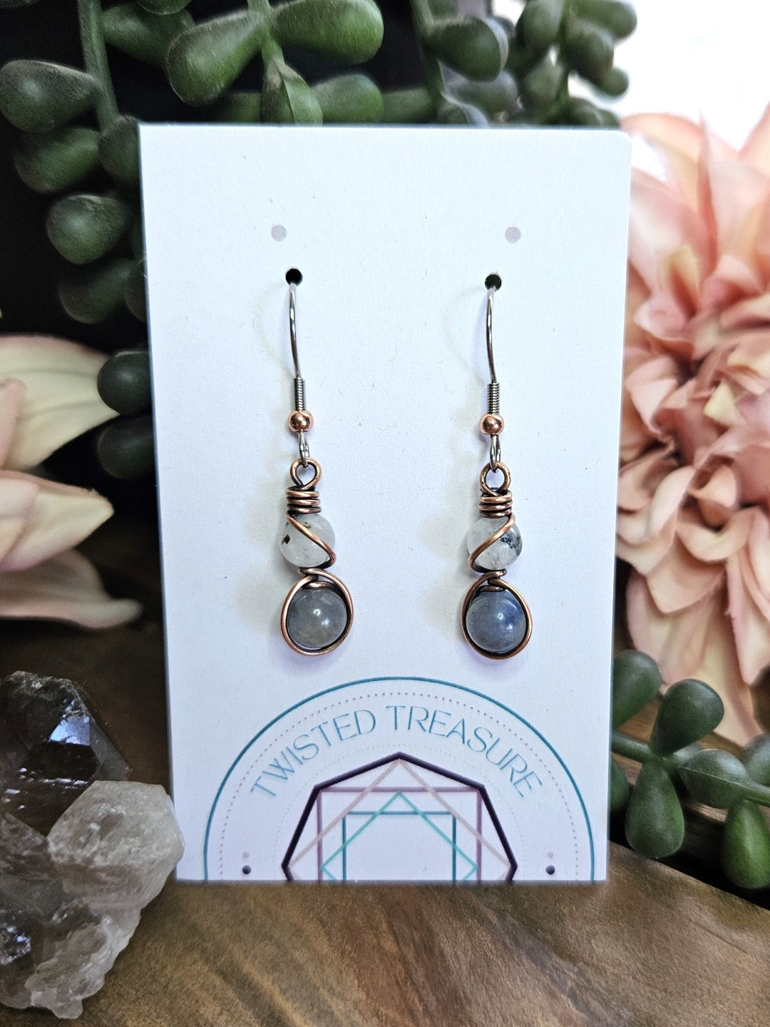 Moonstone, Kyanite and Copper Earrings