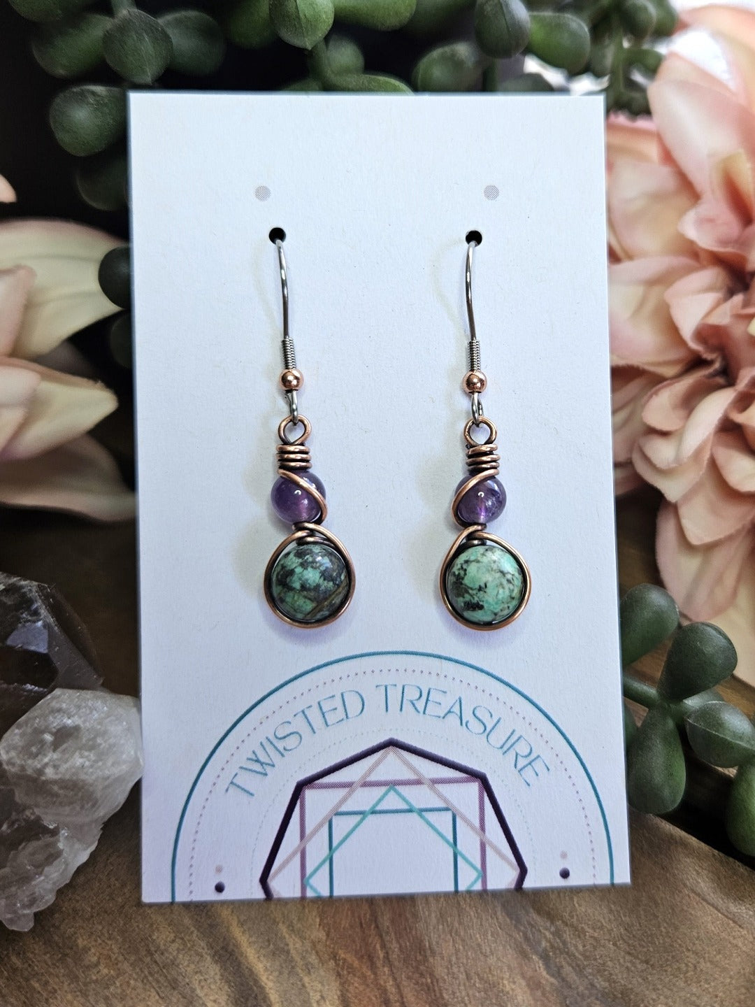 Amethyst, African Turquoise and Copper Earrings
