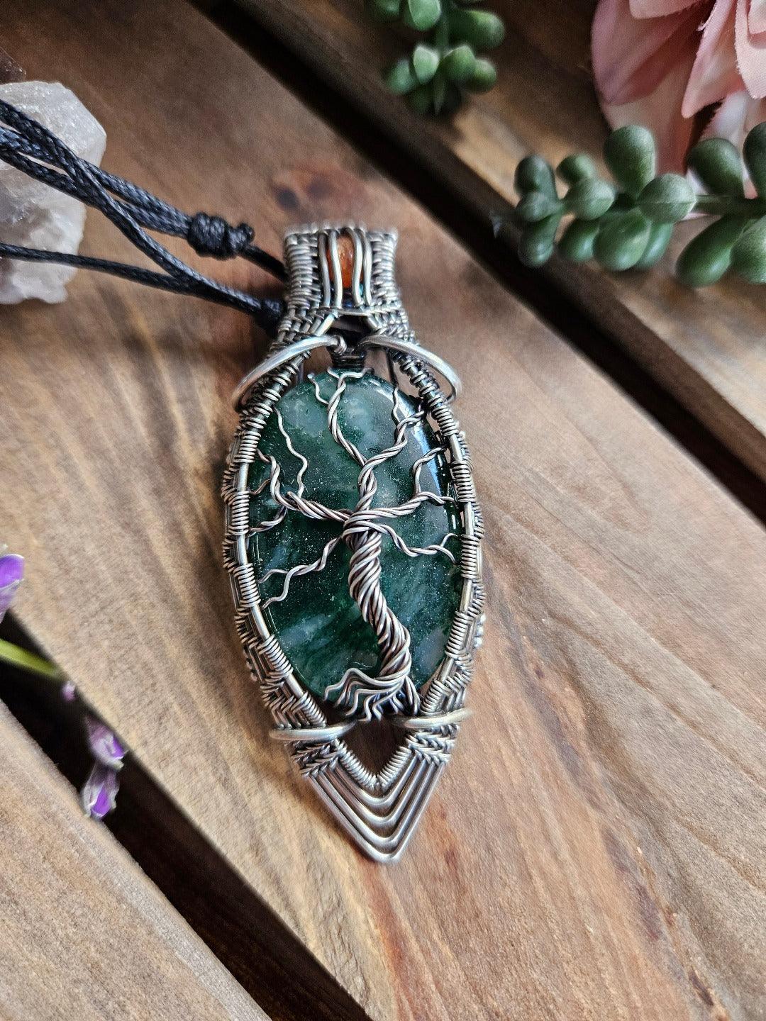 Green Aventurine, Sunstone and Silver Tree of Life Necklace