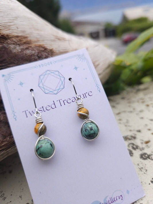 Bumble Bee Jasper, African Turquoise and Silver Earrings
