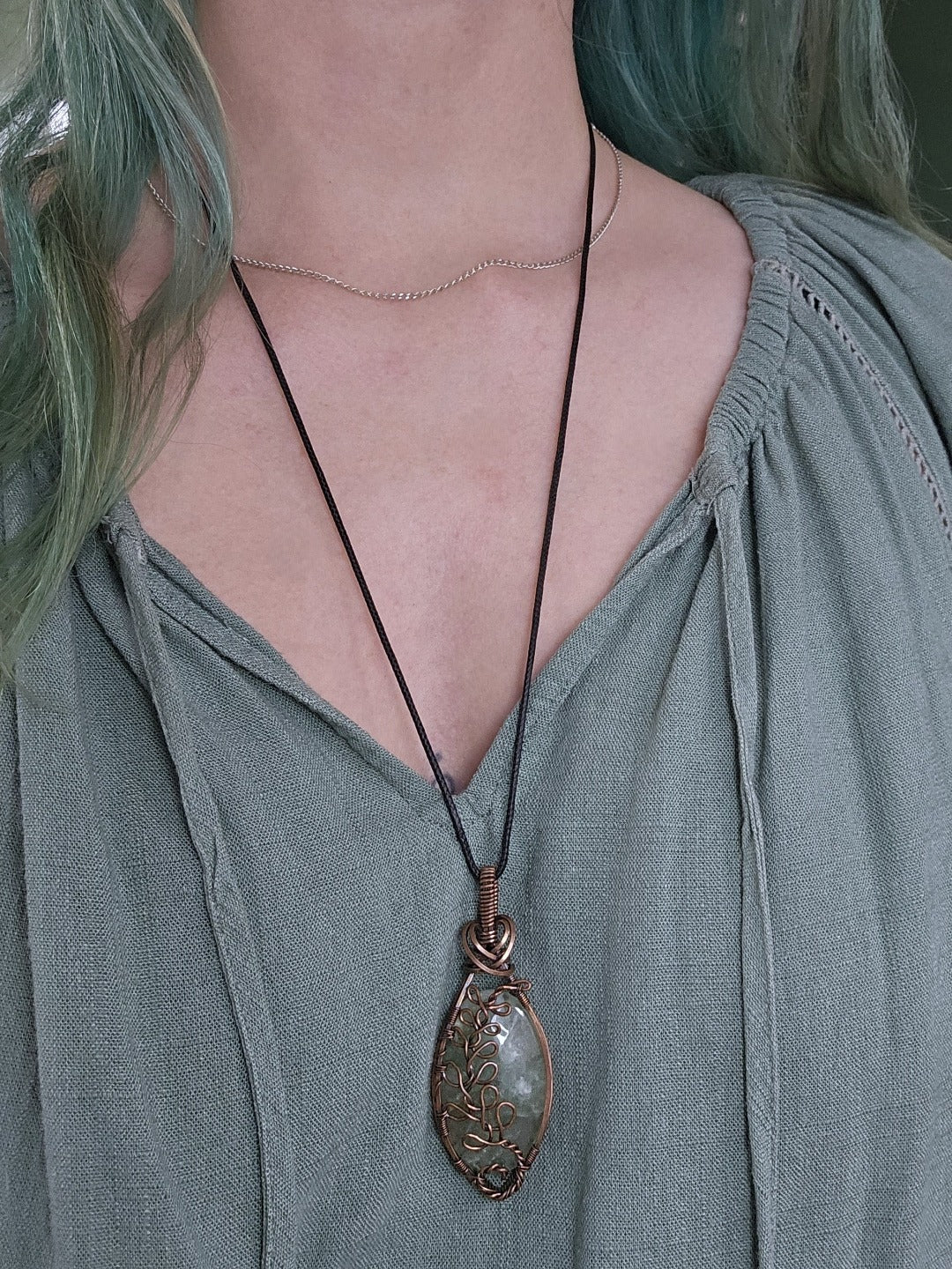 Green Fluorite and Copper Fern Necklace