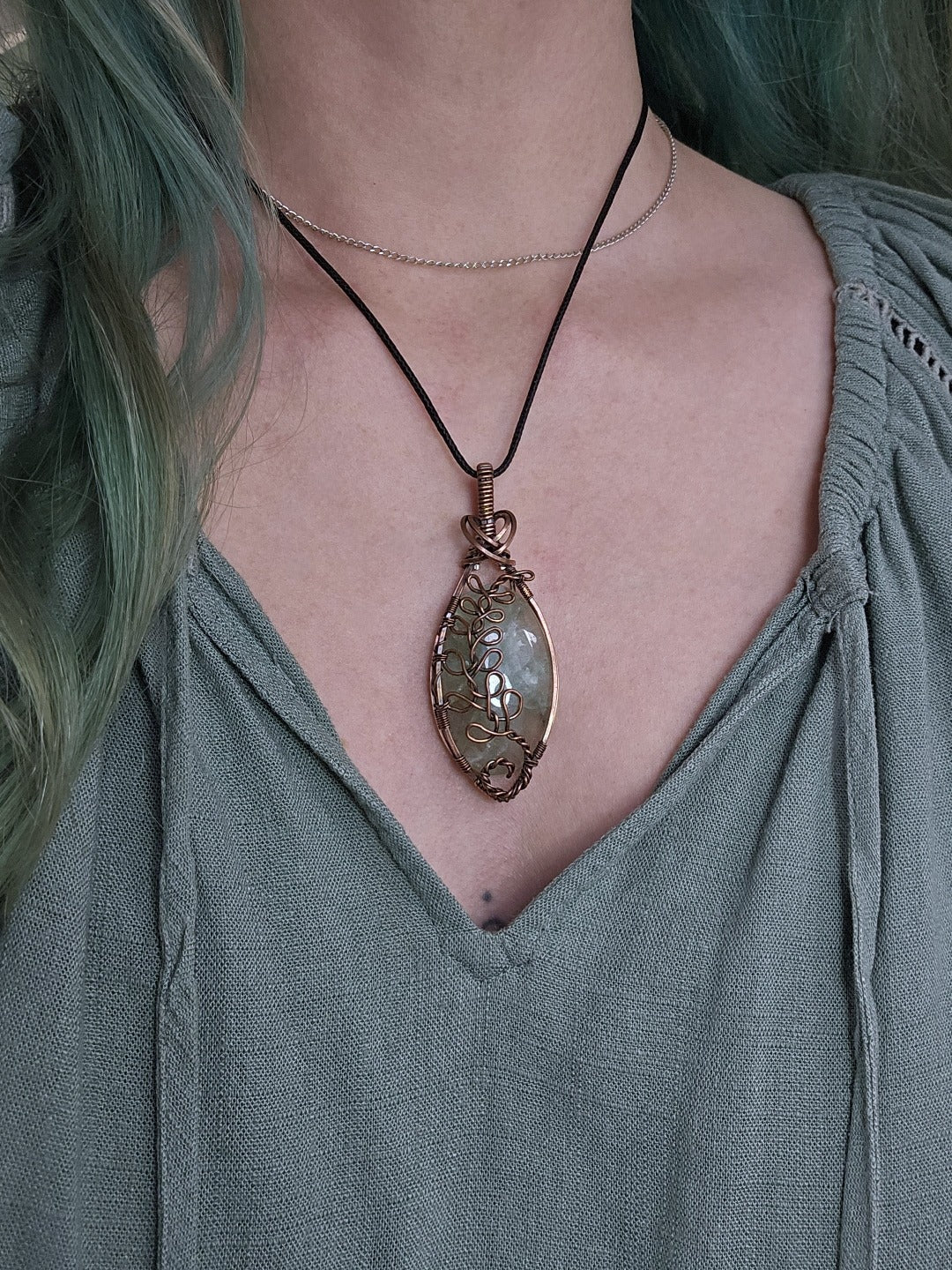 Green Fluorite and Copper Fern Necklace