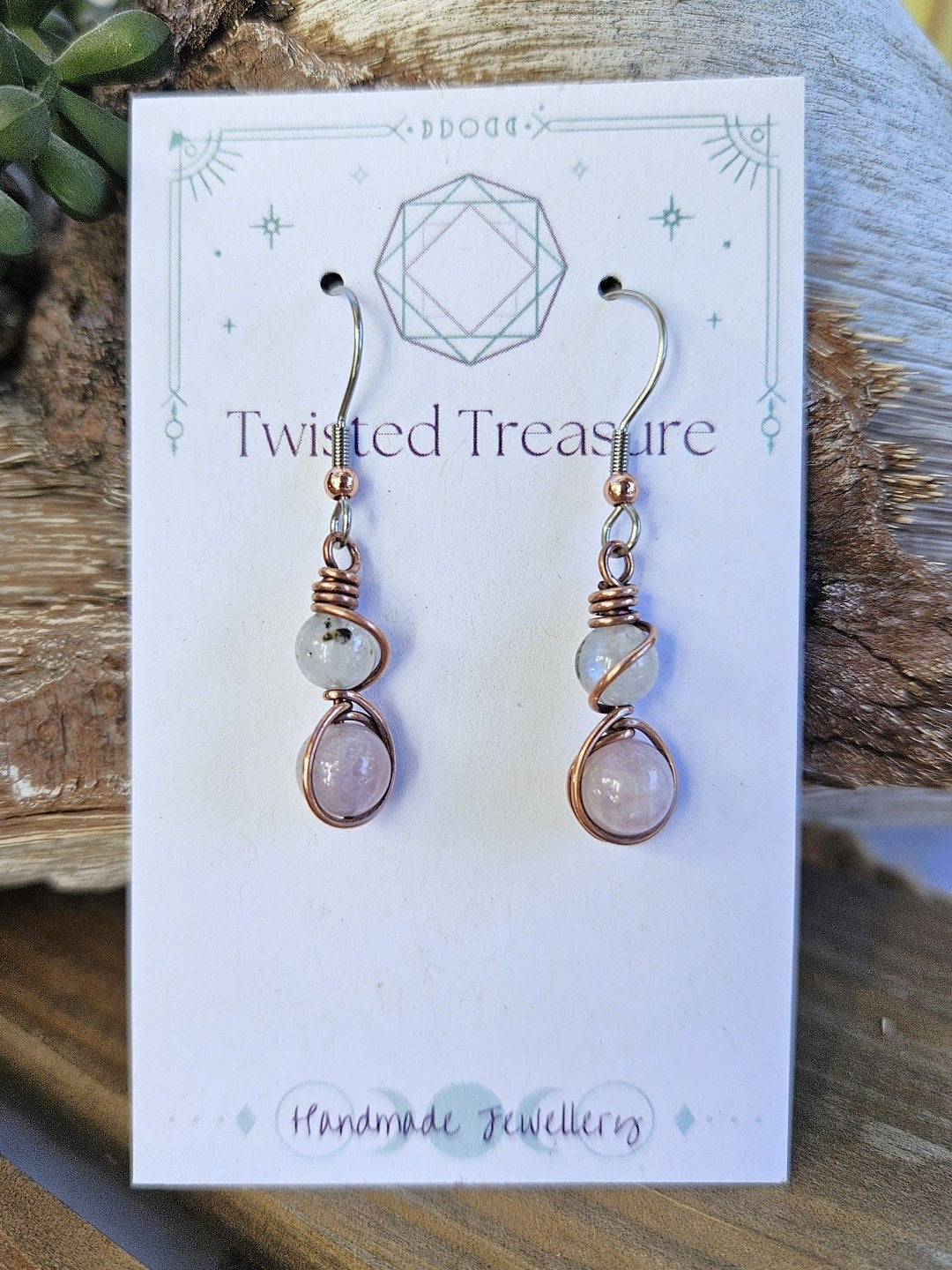 Rainbow Moonstone and Kunzite Copper Earrings