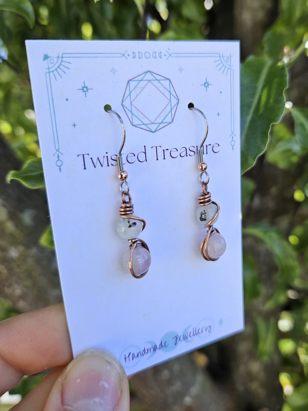 Rainbow Moonstone and Kunzite Copper Earrings