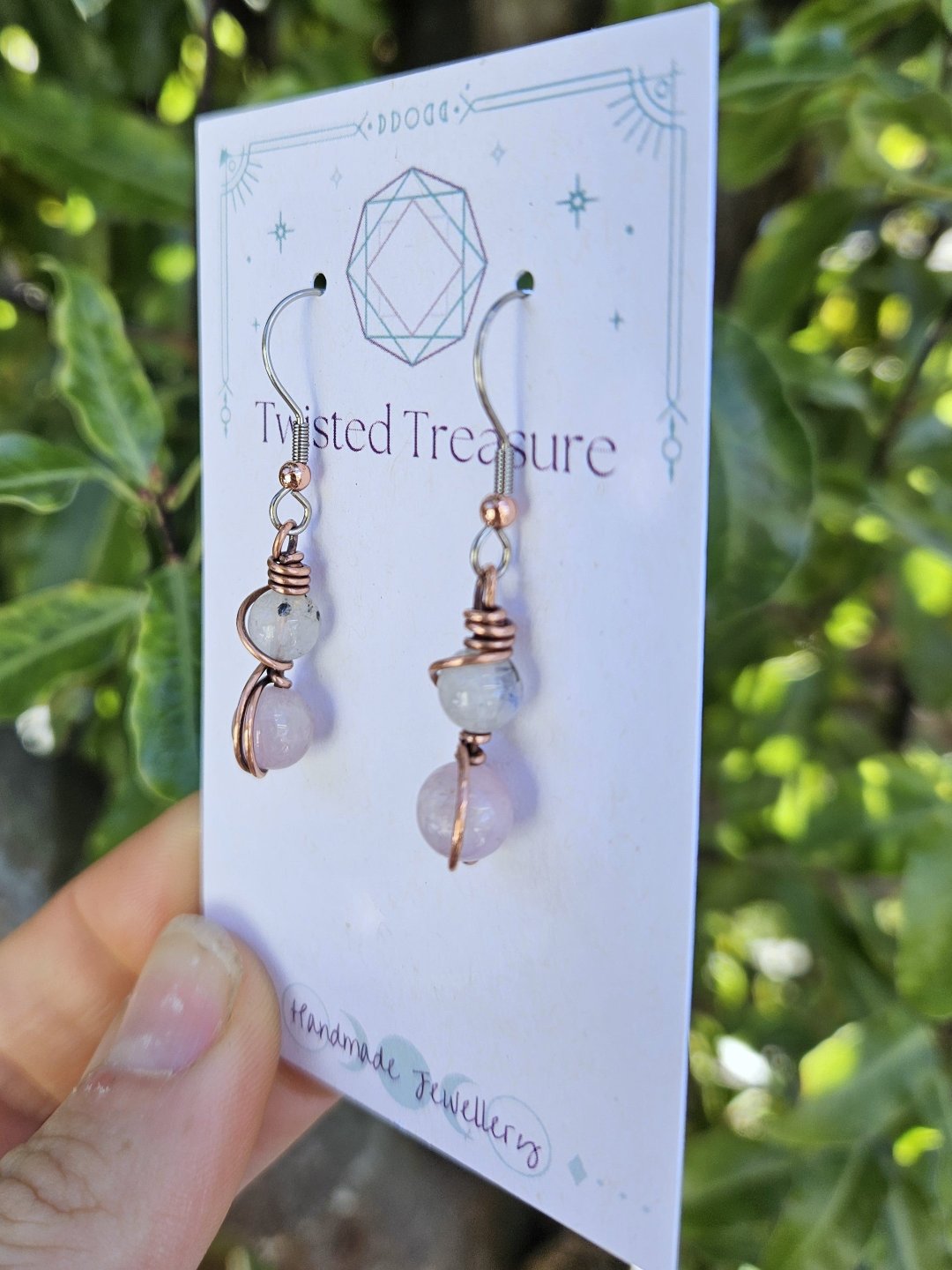 Rainbow Moonstone and Kunzite Copper Earrings