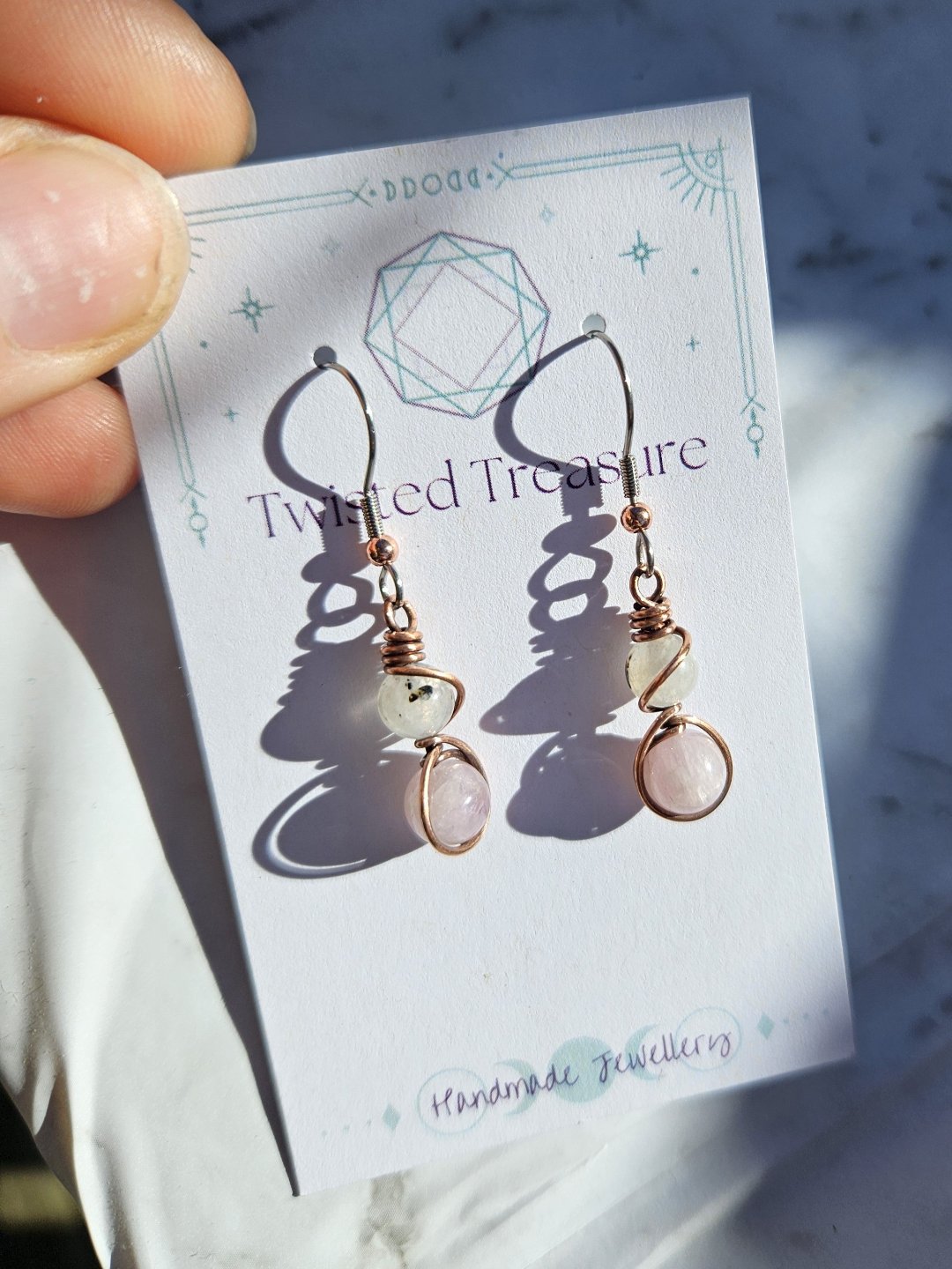 Rainbow Moonstone and Kunzite Copper Earrings