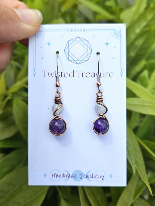 Moonstone, Amethyst and Copper Earrings