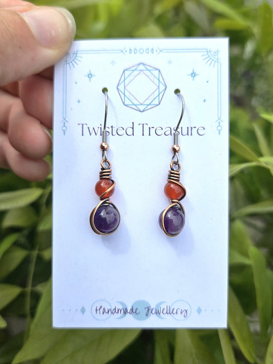 Carnelian, Amethyst and Copper Earrings