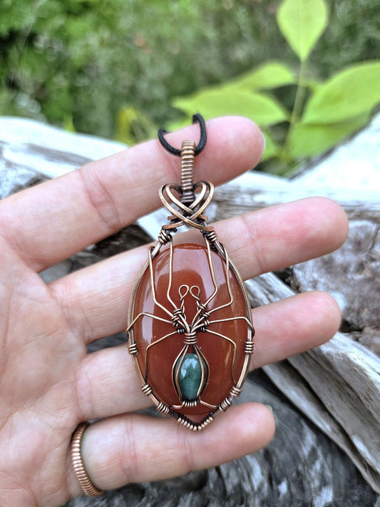 Carnelian, Emerald and Copper Spider Necklace