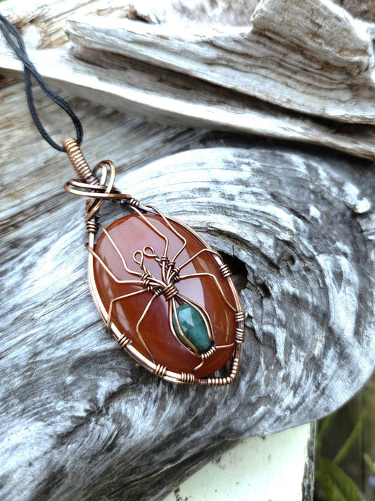 Carnelian, Emerald and Copper Spider Necklace