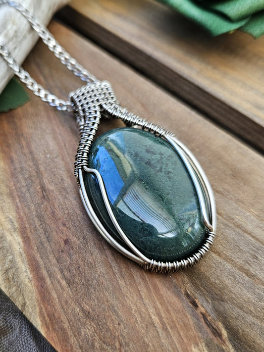 Moss Agate and Silver Necklace
