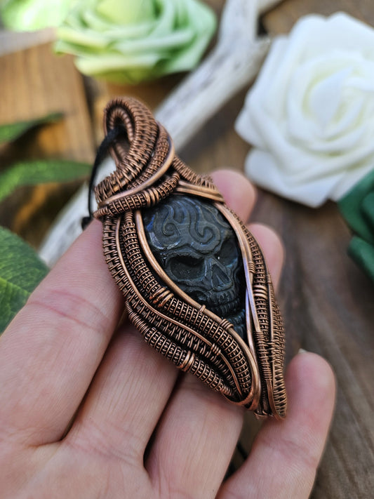 Labradorite and Copper Skull Necklace