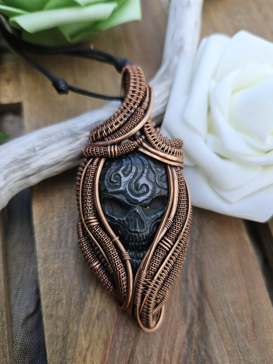 Labradorite and Copper Skull Necklace
