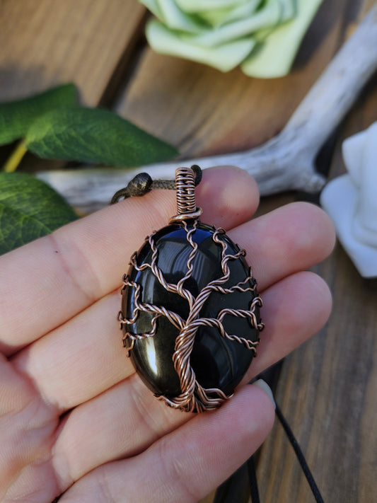 Obsidian Copper Tree of Life Necklace