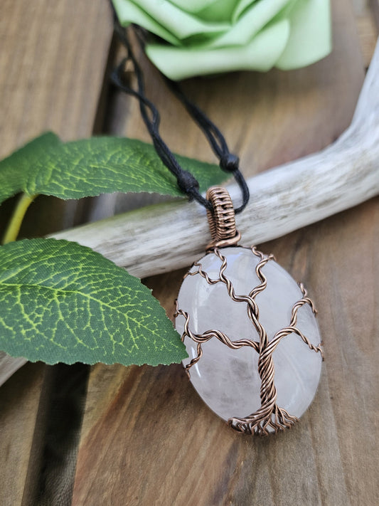 Rose Quartz and Copper Tree of Life Necklace